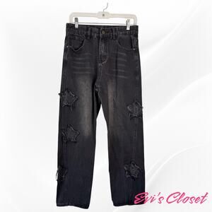 Jeans Pants Punk Black Wash Women's Denim Straight Leg Star Appliques M (30)